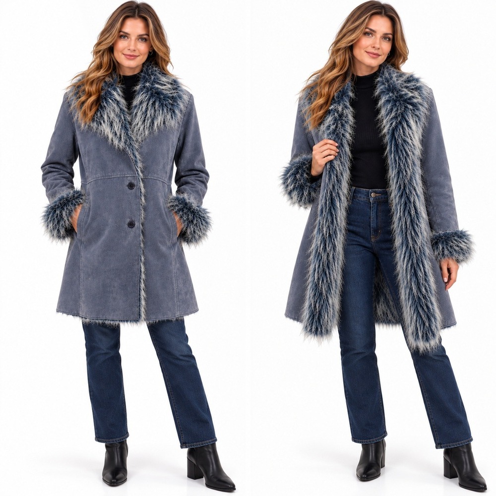Brandon Thomas Suede Penny Lane Coat M Blue Faux Fur Y2K Boho Indie Sleaze Bratz